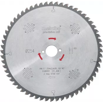 Metabo 628222000 Precision Cut Classic diskinis pjūklo peiliukas 254x30x2.4mm, 60 dantų, FZ/TR, neigiamas kampas, skirtas KS 254 Plus, KGS 254 M, KGS 254 Plus, KGS 254 I Plus