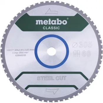 Metabo STEEL CUT CLASSIC diskinis pjūklas 305 x 25,4 x 2,2 mm, 60 dantų, volframo karbidas TCG, neigiamas kampas, sausam plieno pjovimui 628668000
