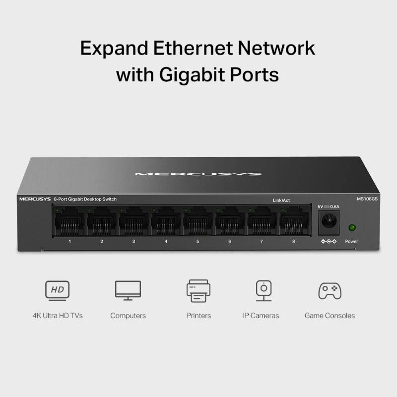 MEU Mercusys MS108G 8 prievadų gigabitinės „Desktop“ jungiklis (switch)