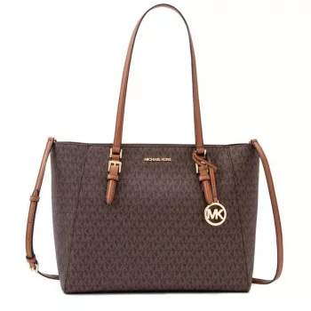 Michael Kors Jet Set Travel Saffiano Leather Tote Bag - Moteriškas rudas tote su aukso spalvos detalėmis (42x28x10 cm)