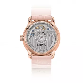 MIDO Baroncelli III Lady automatinis laikrodis 33mm rožinio aukso PVD plienas sidabrinis ciferblatas rudo odos dirželis M027207360100