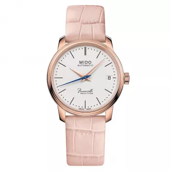 MIDO Baroncelli III Lady automatinis laikrodis 33mm rožinio aukso PVD plienas sidabrinis ciferblatas rudo odos dirželis M027207360100