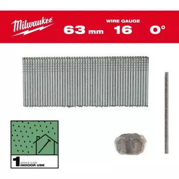 Milwaukee 16 dydžio 63 mm 0° smeigės M18 FN16GS (2500 pakuotė)