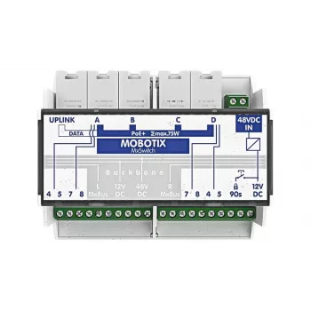 MOBOTIX MX-SWITCH1 – Tinklo jungiklis 4 x 10/100 (PoE+) DIN bėgiui