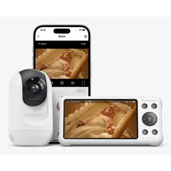 Momcozy BM016-WH12BA-A 5 inch 720p HD vaizdo kūdikio monitorius su Pan-Tilt-Zoom, dvipusiu pokalbiu, temperatūros jutikliu, lopšinėmis ir VOX režimu – baltas