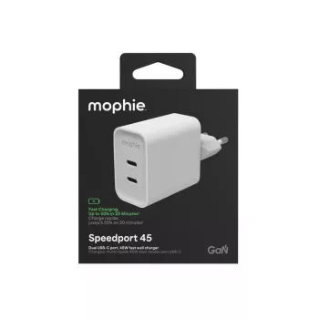 Mophie ROC GaN 45W dvigubas USB-C sieninis įkroviklis - baltas