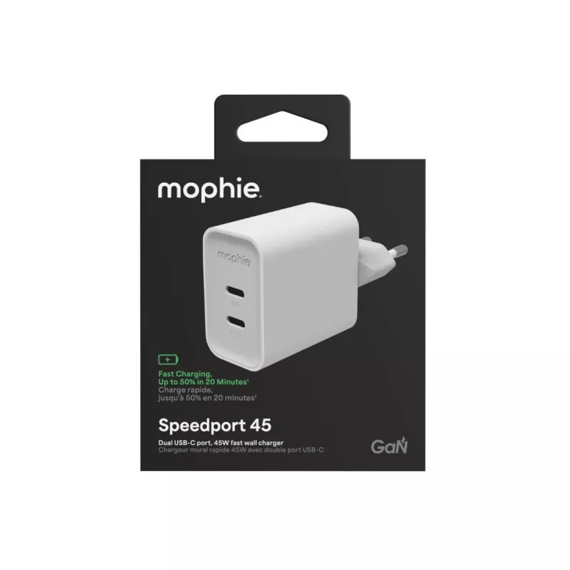 Mophie ROC GaN 45W dvigubas USB-C sieninis įkroviklis - baltas