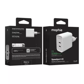Mophie ROC GaN 45W dvigubas USB-C sieninis įkroviklis - baltas