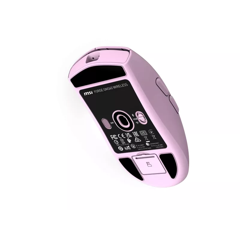 MSI FORGE GM340 W Lengva žaidimų pelė su PixArt PAW-3311 jutikliu, iki 12 000 DPI, trijų režimų belaidžiu ryšiu (2,4 GHz / Bluetooth / USB-C), violetinė