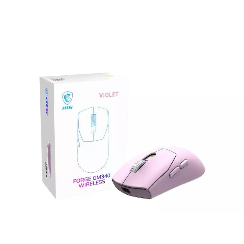 MSI FORGE GM340 W Lengva žaidimų pelė su PixArt PAW-3311 jutikliu, iki 12 000 DPI, trijų režimų belaidžiu ryšiu (2,4 GHz / Bluetooth / USB-C), violetinė