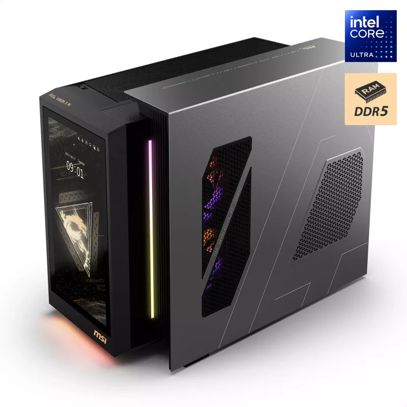 MSI MEG Vision X AI 2NVV9-285AT stalinis kompiuteris (juodas/skaidrus, Windows 11 Home)