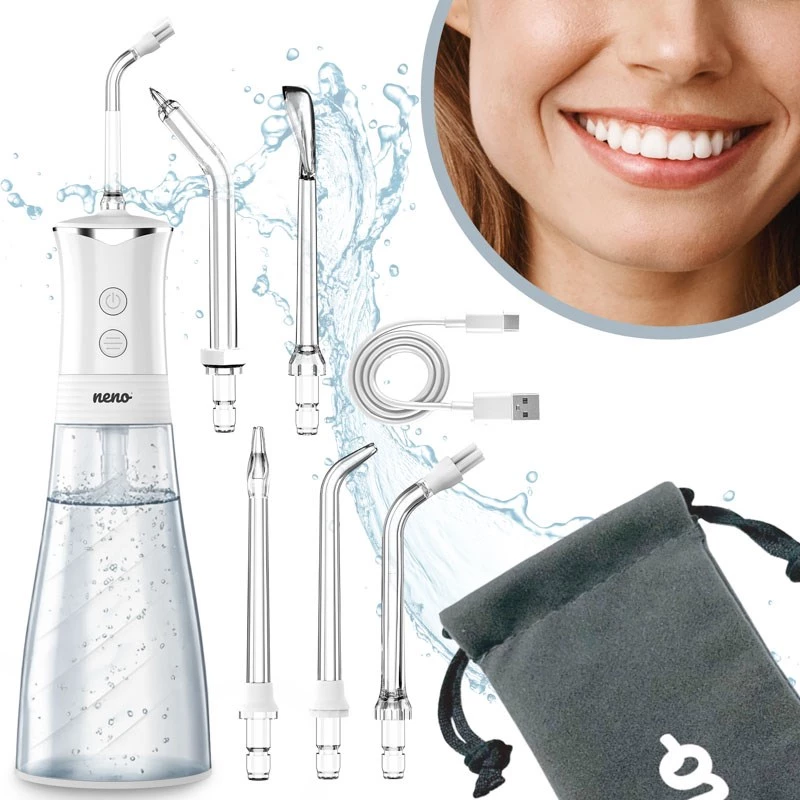 NENO Pulsar White nešiojamas dantų irigatorius su 300 ml talpa, 3 režimais, USB-C įkrovimu, IPX7, 4 antgaliais