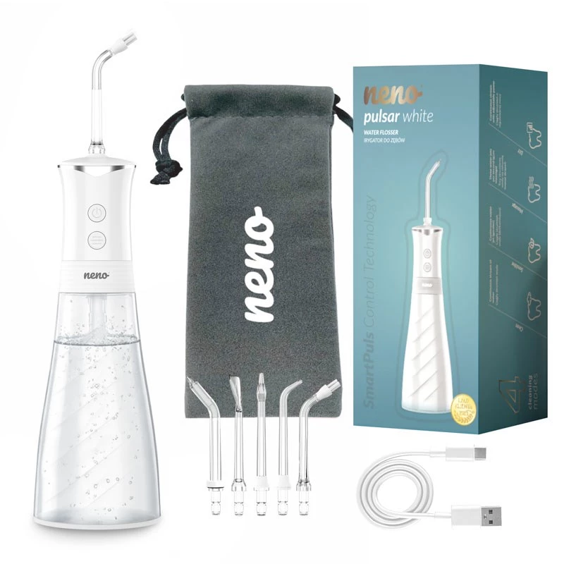 NENO Pulsar White nešiojamas dantų irigatorius su 300 ml talpa, 3 režimais, USB-C įkrovimu, IPX7, 4 antgaliais