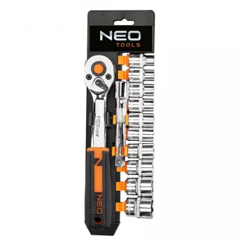 NEO Tools 10-020 219 dalių chromo-vanadžio lizdų rinkinys su 1/4 inch, 3/8 inch, 1/2 inch pavaromis, reketais, antgaliais, veržliarakčiais ir šešiabriauniais rakteliais