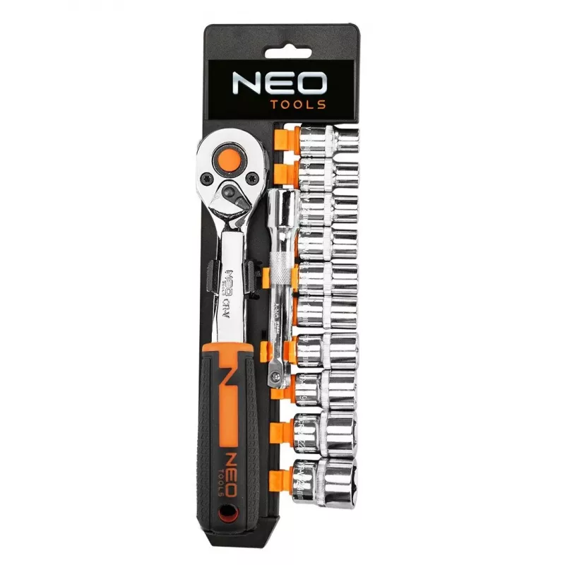 NEO Tools 10-020 219 dalių chromo-vanadžio lizdų rinkinys su 1/4 inch, 3/8 inch, 1/2 inch pavaromis, reketais, antgaliais, veržliarakčiais ir šešiabriauniais rakteliais