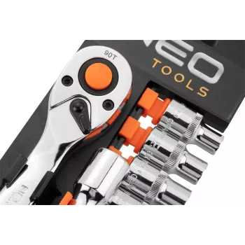NEO Tools 10-030 219 dalių lizdų ir veržliarakčių rinkinys su reketais, antgaliais ir priedais plastikiniame dėkle