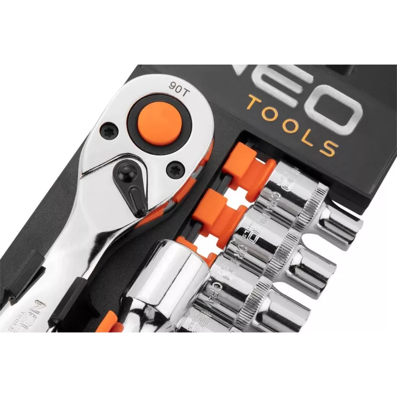 NEO Tools 10-030 219 dalių lizdų ir veržliarakčių rinkinys su reketais, antgaliais ir priedais plastikiniame dėkle
