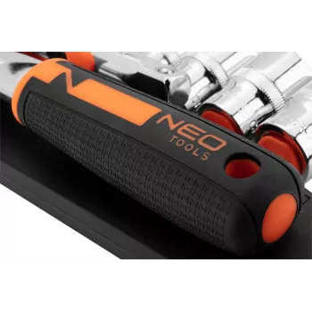 NEO Tools 10-030 219 dalių lizdų ir veržliarakčių rinkinys su reketais, antgaliais ir priedais plastikiniame dėkle