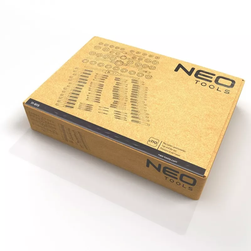 NEO TOOLS 110 dalių metrinis sriegių pjovimo rinkinys su HSS įrankiais, reguliuojamais rakteliais ir metaliniu dėklu