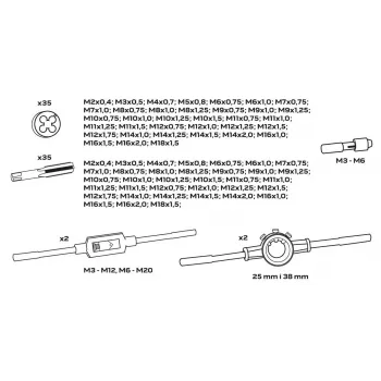 NEO TOOLS 110 dalių metrinis sriegių pjovimo rinkinys su HSS įrankiais, reguliuojamais rakteliais ir metaliniu dėklu