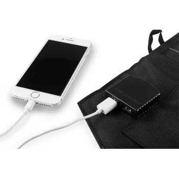 NEO TOOLS 15W sulankstomas saulės įkroviklis su USB-A ir USB-C išėjimais, monokristalinis panelis, IPX4 atsparus vandeniui, juodos spalvos