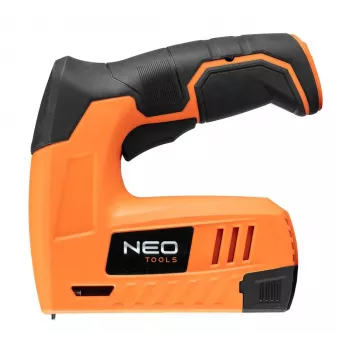 NEO Tools 16-050 Rankinis kabių pistoletas apmušalams, izoliacijai ir dekoratyviniams darbams, reguliuojama jėga, J tipo kabės 6-14 mm, juoda/oranžinė
