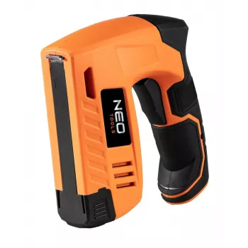 NEO Tools 16-050 Rankinis kabių pistoletas apmušalams, izoliacijai ir dekoratyviniams darbams, reguliuojama jėga, J tipo kabės 6-14 mm, juoda/oranžinė
