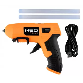 NEO Tools 17-083 20W karštų klijų pistoletas su apsauga nuo varvėjimo, 11 mm klijų lazdelėms, įmontuotas stovas, 230 V, oranžinis/juodas