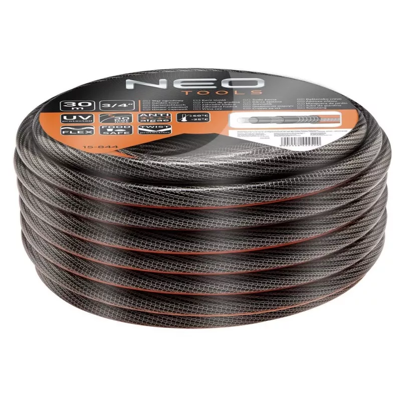 NEO TOOLS 3/4 colio x 30m 6 sluoksnių armuota PVC sodo žarna, 25 bar sprogimo slėgis, atspari UV ir dumbliams, žalia