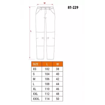 NEO TOOLS 81-229-XXL apsauginės kelnės, 100% medvilnė, 270 g/m², pilkos/juodos su oranžiniais akcentais, sustiprinti keliai, daug kišenių, CE sertifikatas, dydis XXL