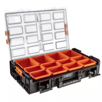 NEO Tools 84-268 meno ir rankdarbių priemonių organizatorius su 18 reguliuojamų skyrelių, permatomu dangteliu ir nešimo rankena