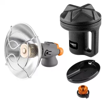 NEO TOOLS 90-134 nešiojamas dujinis spinduliuojantis šildytuvas su pjezo uždegimu, 1,7 kW, keramine plokšte, skirtas butano/propano balionėliams, juodos/raudonos spalvos