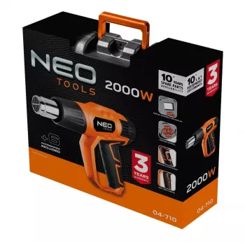 NEO TOOLS 04-710 karšto oro pūtiklis 2000W su LCD ekranu, 50°C ir 70-600°C, 4 antgaliai, grandiklis, dėklas