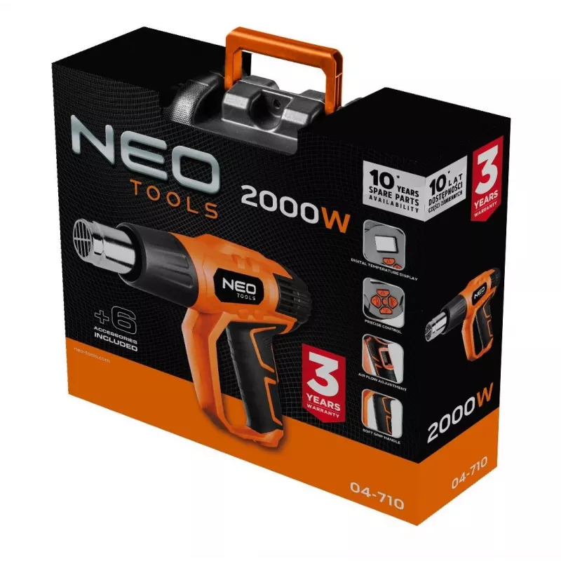 NEO TOOLS 04-710 karšto oro pūtiklis 2000W su LCD ekranu, 50°C ir 70-600°C, 4 antgaliai, grandiklis, dėklas
