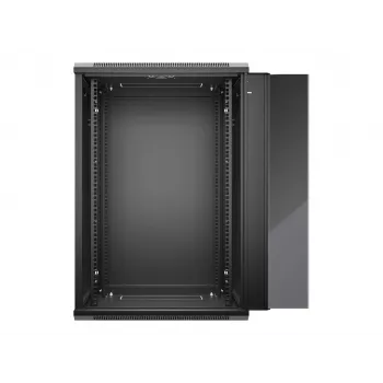 NETRACK 019-180-645-022 Sieninis/pakabinamas 19 inch 18U 450mm spintelė su stiklinėmis durelėmis, juoda, nuimami šoniniai dangteliai
