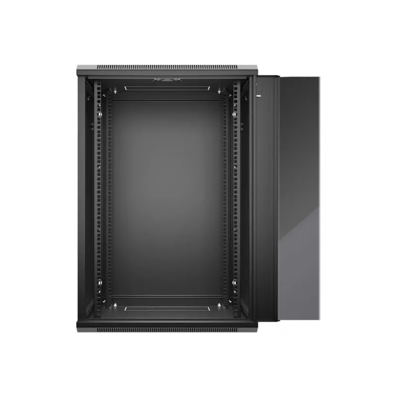 NETRACK 019-180-645-022 Sieninis/pakabinamas 19 inch 18U 450mm spintelė su stiklinėmis durelėmis, juoda, nuimami šoniniai dangteliai
