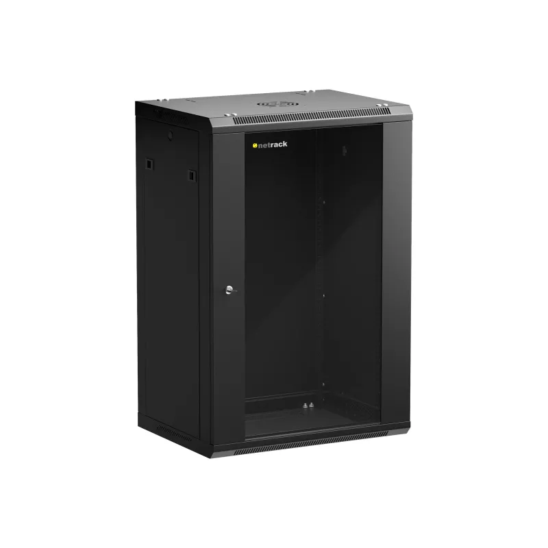 NETRACK 019-180-645-022 Sieninis/pakabinamas 19 inch 18U 450mm spintelė su stiklinėmis durelėmis, juoda, nuimami šoniniai dangteliai