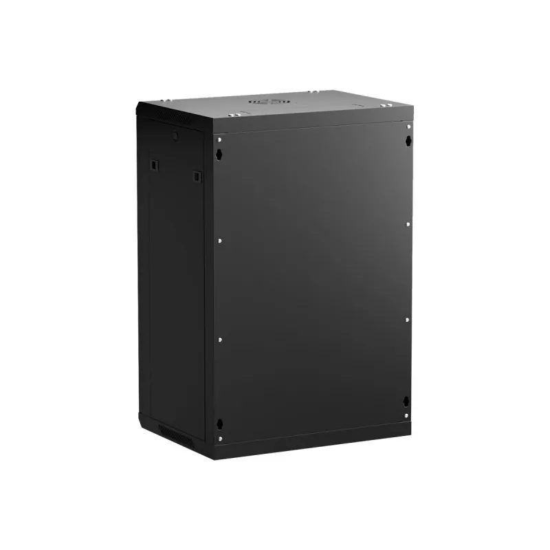 NETRACK 019-180-645-022 Sieninis/pakabinamas 19 inch 18U 450mm spintelė su stiklinėmis durelėmis, juoda, nuimami šoniniai dangteliai