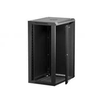 NETRACK 019-180-645-022 Sieninis/pakabinamas 19 inch 18U 450mm spintelė su stiklinėmis durelėmis, juoda, nuimami šoniniai dangteliai