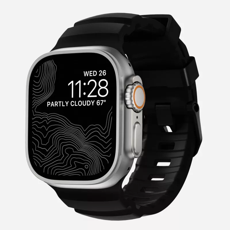 NOMAD Rocky Point Band for Apple Watch 46mm/49mm su FKM ir titanu (anglies juoda, juodi apkaustai)
