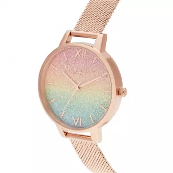 OLIVIA BURTON Women's Rainbow Bee Watch OB16RB18 - 34mm nerūdijančio plieno korpusas, pilkas odinis dirželis, baltas ciferblatas su vaivorykštinės bitės motyvu, kvarcinis mechanizmas