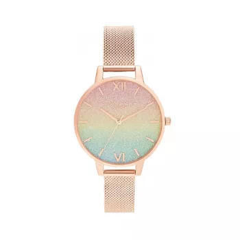 OLIVIA BURTON Women's Rainbow Bee Watch OB16RB18 - 34mm nerūdijančio plieno korpusas, pilkas odinis dirželis, baltas ciferblatas su vaivorykštinės bitės motyvu, kvarcinis mechanizmas