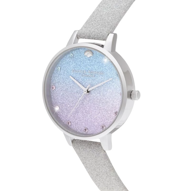 Olivia Burton Women's Sparkle Floral Watch OB16US49 – 34 mm rožinio aukso atspalvio nerūdijančio plieno korpusas, pilka odinė apyrankė, baltas ciferblatas su gėlių raštu