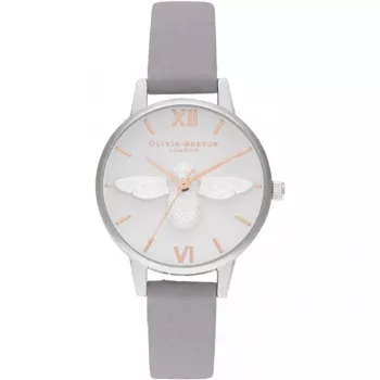 OLIVIA BURTON Moteriškas Laikrodis OB16AM163 - 30mm Nerūdijančio Plieno Korpusas, Baltas Ciferblatas, Pilkas Odinis Dirželis