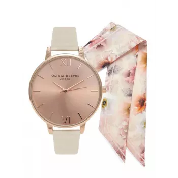 Olivia Burton Moteriškas Laikrodis OBGSET51 30mm Rožinio Aukso Plienas & Pilka Oda