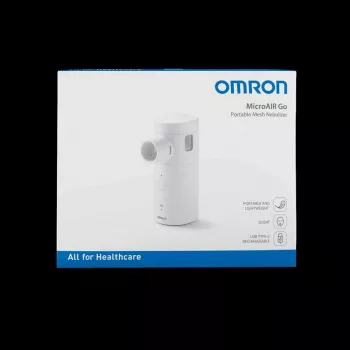 OMRON MicroAIR GO U300 nebulizatorius - nešiojamas vibracinės membranos purkštuvas suaugusiems ir vaikams, rankinis, tylus <20 dB, su kaukėmis ir baterijomis