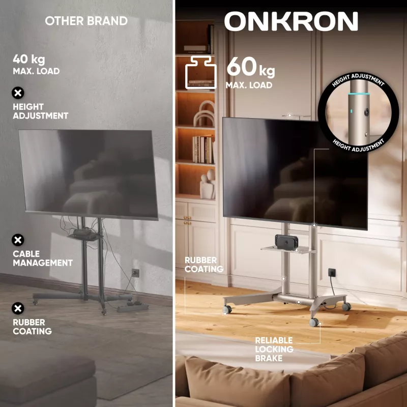 ONKRON TS1571-C Mobilus televizoriaus stovas su AV lentyna 32-75 colių ekranams, šampano spalvos
