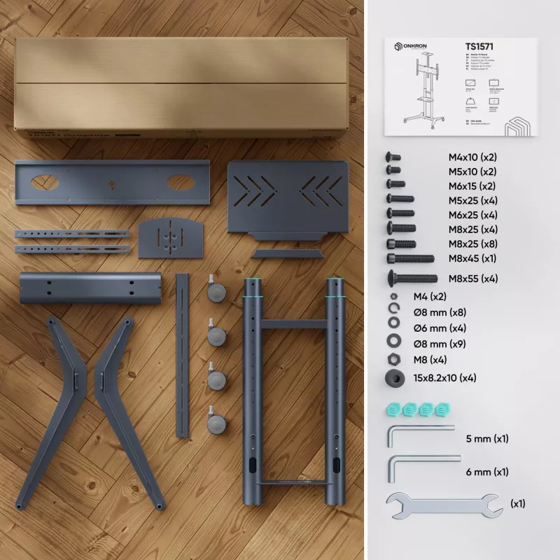 ONKRON TS1571-G Mobilus TV stovas 32–75 colių televizoriams, 50 kg, grafitas, reguliuojamas aukštis