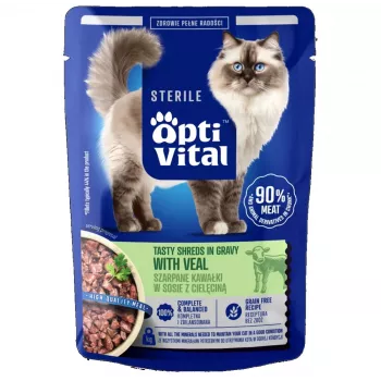 OPTIVITAL Sterile Tasty Shreds in Gravy with Veal - šlapias ėdalas katėms - 85g