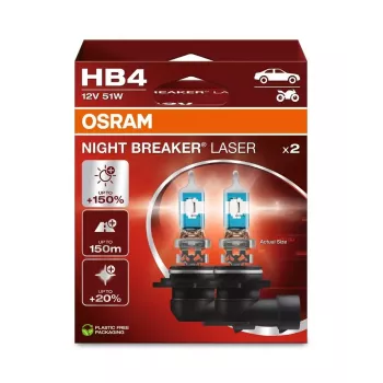 OSRAM Night Breaker Laser HB4 (2 vnt.) – 12V 51W P22d halogeniniai priekinio žibinto žibintai, iki 150 % didesnis ryškumas, 150 m šviesos spindulys, 20 % baltesnė šviesa
